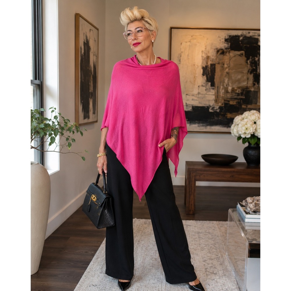 Lexi York Fuchsia Bamboo Poncho Cape Asymmetrical Draped Lagenlook Art to Wear